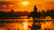 Silhouette of an Asian farmer riding a buffalo in a rice field at sunset, with golden hour light reflecting on the water surface
