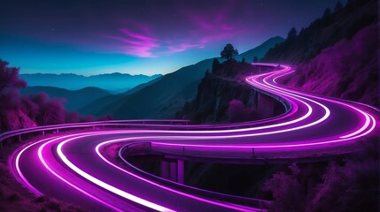Wall Mural - Warp speed purple neon lights motion on a winding curved road at the side of a mountain cliff from Generative AI