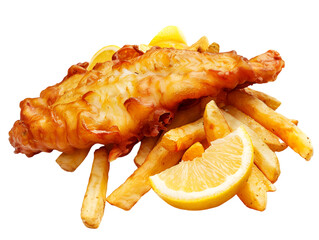 Classic fish and chips with lemon wedges and french fries isolated on transparent background. Battered fish fillet with crispy fries, no background, food design element. Golden fried fish and chips