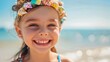 Exuberant Young Girl with Rainbow Headband on Sunny Beach, To convey a sense of joy, freedom, and youthful exuberance in a tropical setting