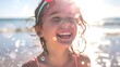 Girl Smiling Underwater on Sunlit Beach, To convey a sense of joy, happiness, and sensory experience associated with summer and beach vacations