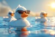 A duck wearing sunglasses is swimming in a body of water