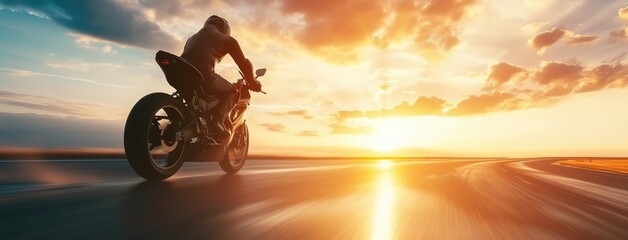 Wall Mural - Motorcyclist Speeding on Open Road at Sunset