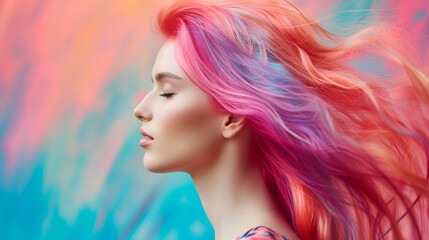 Wall Mural - Profile of Woman with Vivid Pink and Blue Wavy Hair