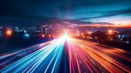 blurred traffic background banner at night, Long exposure light .