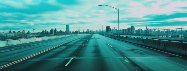 Sticker - Empty Highway with Urban Skyline in Cool Tones