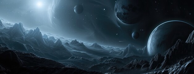 Wall Mural - Futuristic Space Landscape with Planets and Moons