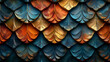 Abstract beautiful background from dragon scales. Gold and dark blue tones.Metal scales of different shades close up.