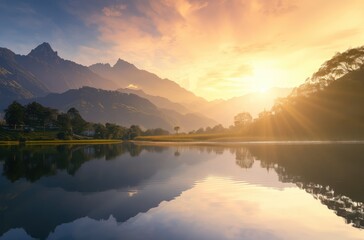 Wall Mural - Serene Lake Sunset Amidst Majestic Mountains