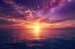 Majestic Sunset and Starry Sky Over Ocean Horizons