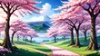 japanese background, sakura, landscape, sakura petals, mountains, background