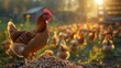 Farm fowl feast on feed, soft focus barnyard ambiance