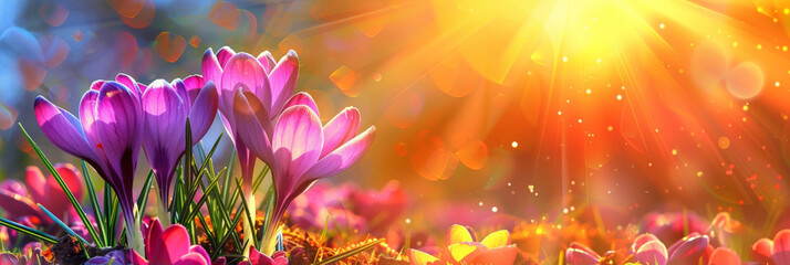 Wall Mural - beautiful spring flowers background wallpaper, crocus flowers against a sunshine background, banner, empty space for text