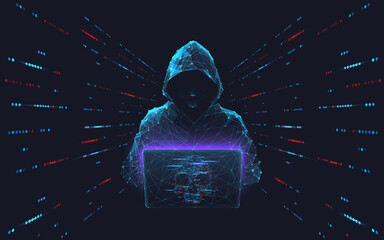 Leinwandbilder - Cyber hacker attack concept. Abstract digital hacker man with a laptop and data server room. Database security. DDoS attack concept. Cyber security. Vector 3D illustration. Internet criminal and fraud