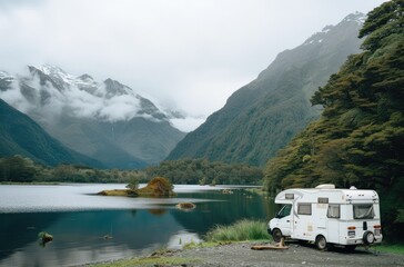 Sticker - Serene Lakeside RV Camping in Mountain Landscape