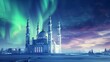 A dazzling mosque under the northern lights, A beautiful white mosque illuminated by the aurora borealis at night