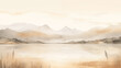 Watercolor landscape with misty mountains and reflective lake, neutral tones