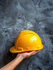 Hand or arm of engineer hold yellow plastic helmet for worker. Labor day concept - generative ai