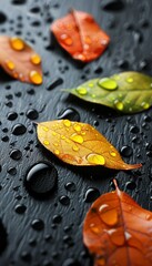 Wall Mural - Vibrant macro background of colorful wet surface with water droplets reflections