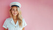 Blonde woman in cruise ship staff uniform isolated on pastel background