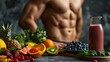 Fit muscular male with a selection of healthy food and smoothie for sport nutrition on dark backdrop.