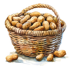 Peanuts seeds in a basket illustration, grains, full body, watercolor illustration, single object, isolate on white background for removing background.