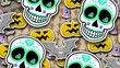 Seamless animation of cartoon mexican candy skulls. Halloween funny background with bats, pumking, crosses and ghosts.