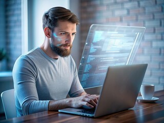 programmer working with laptop clear face generative ai