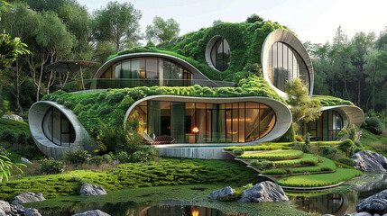 Sustainable architecture concept featuring a self-sustaining, energy-efficient home in a natural setting