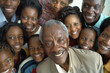 Photo of a family gathered for a group photo, with a close-up on the smiling faces of elderly members framed by their descendants, showcasing generational pride