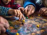 Fototapeta Panele - Photo of a family playing a board game, with a close-up on the elderly hands moving a game piece, illustrating the joy of shared activities