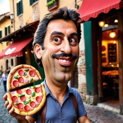 Wall Mural - Parody caricature cartoon of Italian man carrying pizza