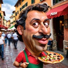Wall Mural - Parody caricature cartoon of Italian man carrying pizza