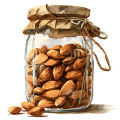 almonds seeds on a jar illustration, grains, full body, watercolor illustration, single object, isolate on white background for removing background.
