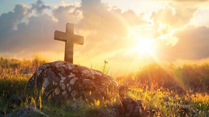 Poster - Good Friday concept: Empty tomb stone with cross on meadow sunrise background