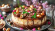 Homemade Easter cheesecake, sweet cottage cheese baking, with Ester chocolate eggs and chocolate drops, with holiday decorations and spring flowers