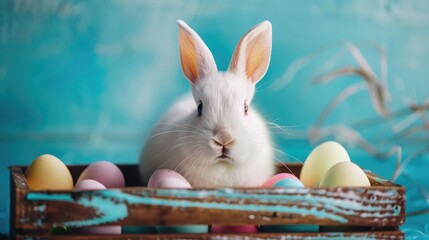 Wall Mural - Little white rabbit in the wooden box with blue background surround with different color of ester eggs.