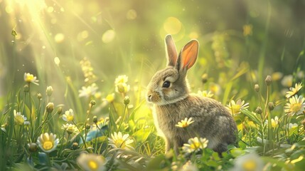 Wall Mural - Rabbits. Beauty Art Design of Cute Little Easter Bunny in the Meadow. Spring Flowers and Green Grass. Bunnies. Sunbeams