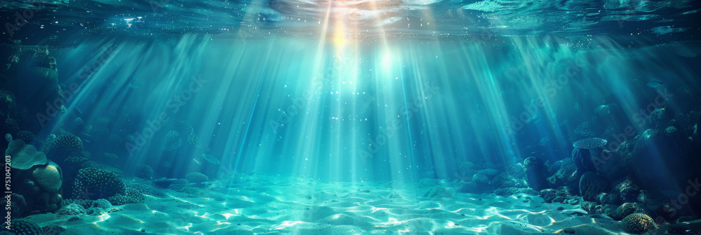 underwater scene with rays of light and sun, Underwater blue sea water ...