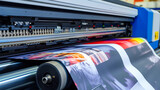 Fototapeta  - Professional large format printing machine creating vibrant posters in a printing shop
