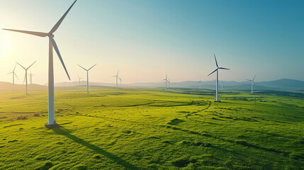  Majestic wind turbines spinning in a vast green field during sunset