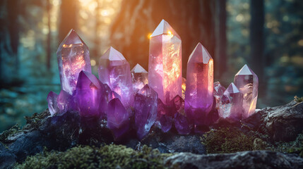 mystical crystals glowing in a forest setting with ethereal light and bokeh background.