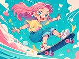 Fototapeta Dinusie - cute girl with pink hair skateboarding
