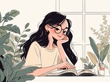Fototapeta Dinusie - cartoon smart girl in a beige t-shirt reading a book