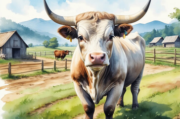 Wall Mural - cow in the field watercolor 