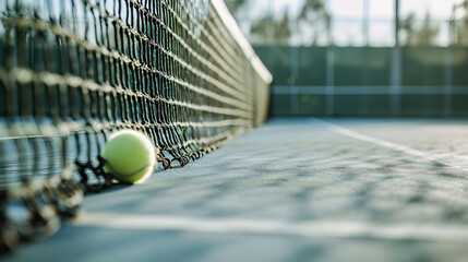 Tennis ball with net on court. AI generated