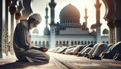 An old Muslim man praying on his knees against of a mosque the Islamic holiday of Ramadan