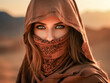 Portrait einer hübschen verschleierten Araberin in traditioneller Kleidung im Sonnenuntergang in der Wüste, Generative AI