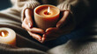 Close-up of a woman's hands holding a burning candle with a wooden wick