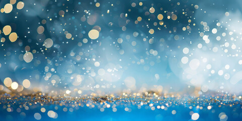 a blue yellow white gold bokeh light background . Suitable for celestial, festive, or glamorous design , holiday-themed graphics.glitter lights de focused..blue bokeh bcircle shimmer royal blue banner